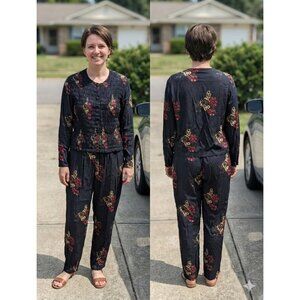 Vintage Cheyenne Autumn Floral 2pc Set Smocked Button Top & Tapered Pants Small